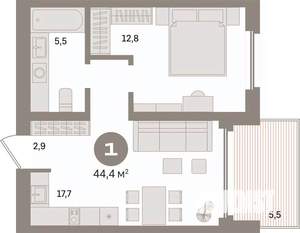 1-к квартира, вторичка, 44м2, 19/24 этаж