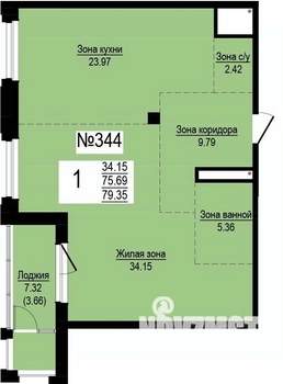 1-к квартира, строящийся дом, 79м2, 6/9 этаж