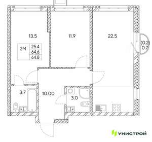2-к квартира, вторичка, 65м2, 22/30 этаж