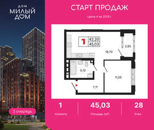 1-к квартира, вторичка, 45м2, 28/31 этаж