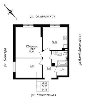 2-к квартира, строящийся дом, 54м2, 6/25 этаж