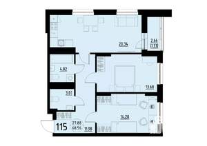 2-к квартира, строящийся дом, 69м2, 13/25 этаж