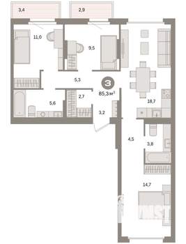3-к квартира, вторичка, 85м2, 6/9 этаж
