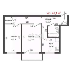 2-к квартира, вторичка, 43м2, 3/4 этаж