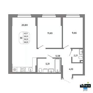3-к квартира, вторичка, 59м2, 28/32 этаж