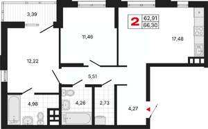 2-к квартира, вторичка, 66м2, 7/20 этаж