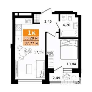 1-к квартира, строящийся дом, 38м2, 2/25 этаж