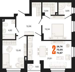 2-к квартира, строящийся дом, 74м2, 2/24 этаж