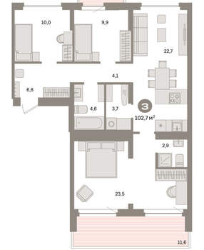 3-к квартира, вторичка, 103м2, 8/9 этаж