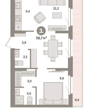 1-к квартира, вторичка, 57м2, 8/16 этаж