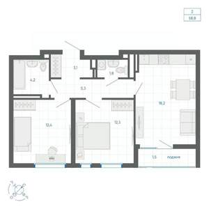 2-к квартира, строящийся дом, 59м2, 25/32 этаж