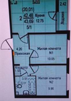 2-к квартира, сданный дом, 42м2, 10/18 этаж