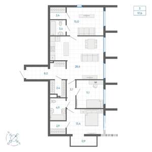 3-к квартира, строящийся дом, 98м2, 15/32 этаж