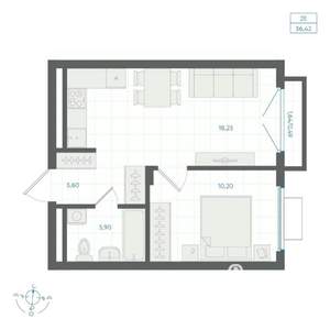 1-к квартира, строящийся дом, 36м2, 2/4 этаж