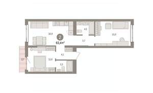 2-к квартира, вторичка, 63м2, 3/7 этаж