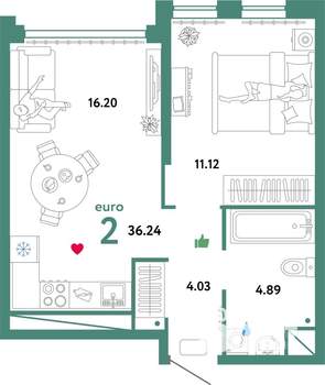 2-к квартира, строящийся дом, 36м2, 20/32 этаж