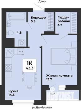 1-к квартира, строящийся дом, 43м2, 2/25 этаж