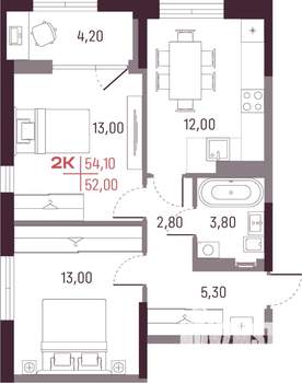 2-к квартира, вторичка, 52м2, 12/25 этаж