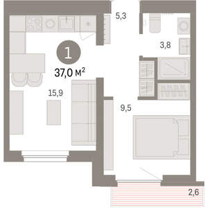 1-к квартира, вторичка, 37м2, 7/9 этаж