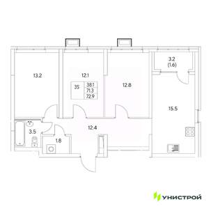 3-к квартира, вторичка, 73м2, 12/31 этаж