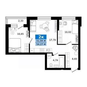 2-к квартира, строящийся дом, 54м2, 19/27 этаж