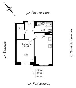 1-к квартира, строящийся дом, 36м2, 16/25 этаж