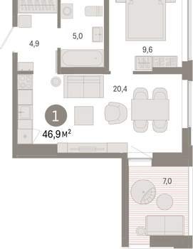 1-к квартира, вторичка, 47м2, 7/16 этаж