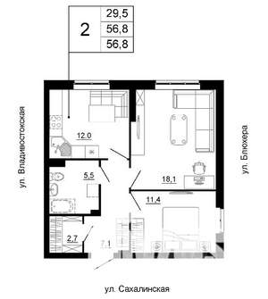 2-к квартира, строящийся дом, 57м2, 4/24 этаж