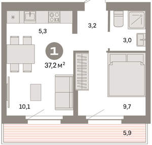 1-к квартира, вторичка, 37м2, 8/16 этаж