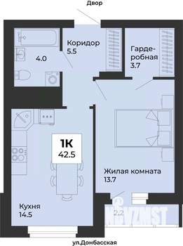 1-к квартира, строящийся дом, 43м2, 20/25 этаж