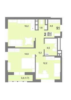 2-к квартира, строящийся дом, 60м2, 14/23 этаж