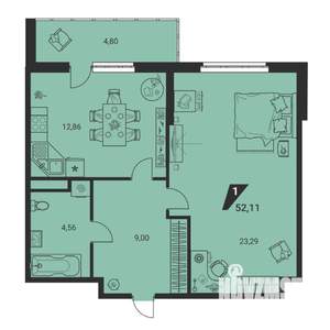 1-к квартира, вторичка, 52м2, 3/25 этаж