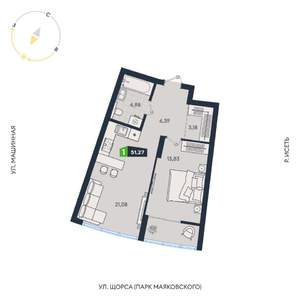 1-к квартира, строящийся дом, 51м2, 12/31 этаж