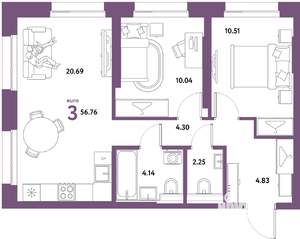 3-к квартира, вторичка, 57м2, 3/21 этаж