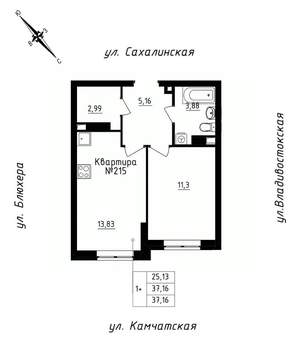 1-к квартира, строящийся дом, 37м2, 21/25 этаж