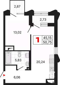 1-к квартира, вторичка, 51м2, 8/25 этаж