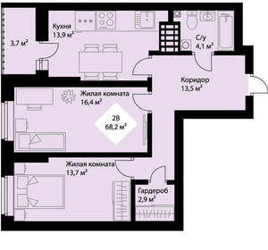 2-к квартира, вторичка, 66м2, 18/25 этаж