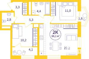 2-к квартира, сданный дом, 63м2, 6/8 этаж