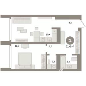 1-к квартира, вторичка, 52м2, 22/24 этаж