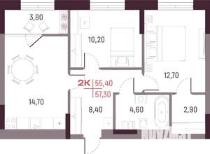 2-к квартира, строящийся дом, 55м2, 21/25 этаж