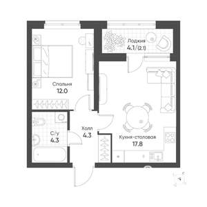 1-к квартира, строящийся дом, 41м2, 10/16 этаж