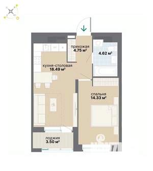 1-к квартира, вторичка, 46м2, 17/26 этаж