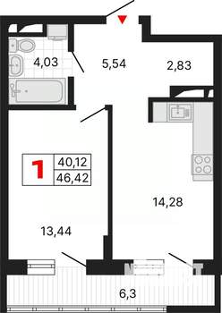 1-к квартира, вторичка, 46м2, 8/25 этаж