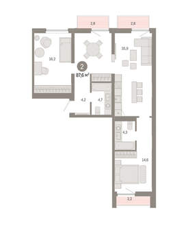 2-к квартира, вторичка, 88м2, 7/16 этаж