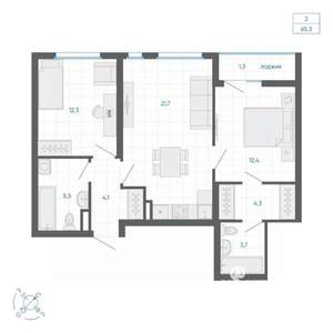 2-к квартира, строящийся дом, 65м2, 28/32 этаж