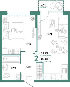 2-к квартира, строящийся дом, 39м2, 12/24 этаж
