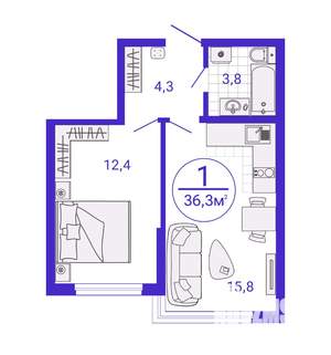 1-к квартира, строящийся дом, 36м2, 3/27 этаж