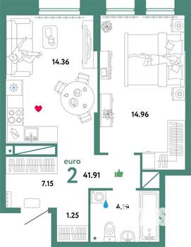 2-к квартира, строящийся дом, 42м2, 32/32 этаж