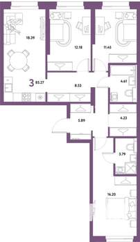 3-к квартира, строящийся дом, 85м2, 4/21 этаж