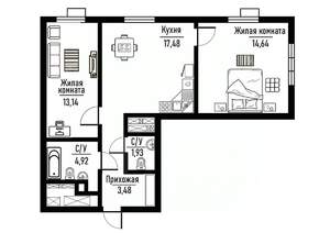 2-к квартира, строящийся дом, 58м2, 12/26 этаж